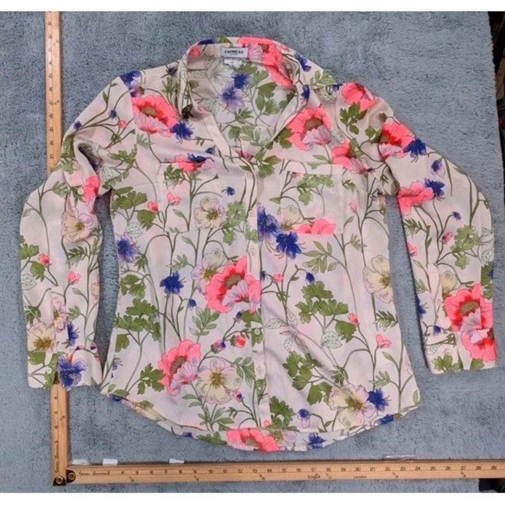 Express Portofino Blouse Womens Large Cream Pink Floral Slim Button Up Shirt